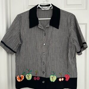 TanJay Black & White Gingham Short-Sleeve Button-Down with Fruit Appliqué